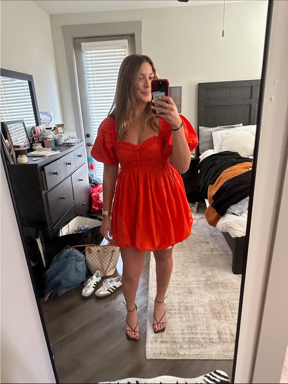 Orange Free People Rendezvous Me Mini Dress Bubble Puff Sleeve Smocked Button